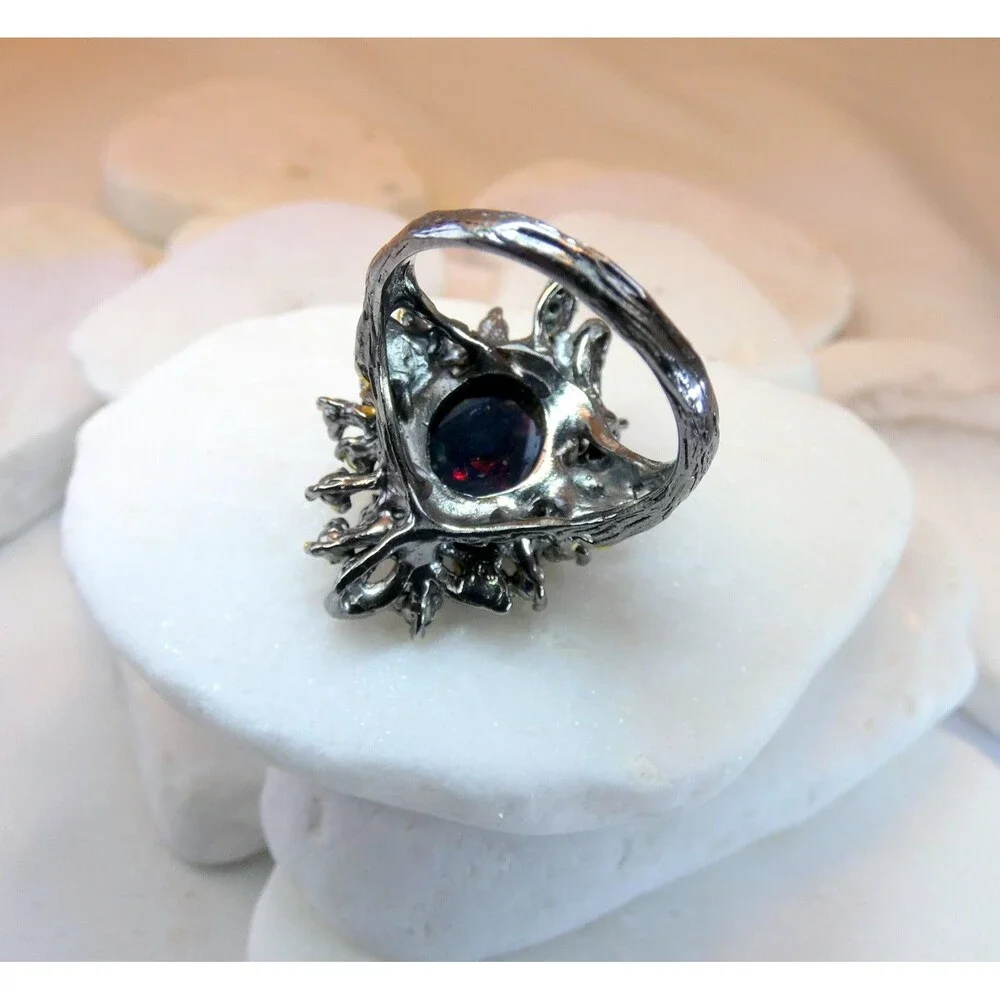 Natural Large 6 CT Black Opal-Rubies-Emeralds Sterling Silver Ring Size 7.75